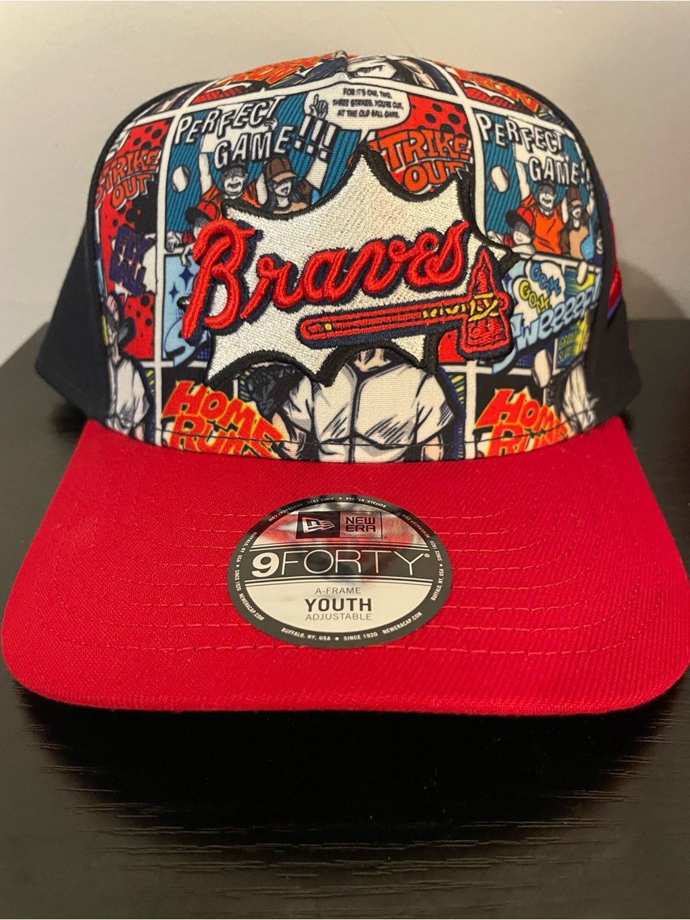 Atlanta Braves Youth 9FORTY Comic Print Snapback Hat - Red & Black